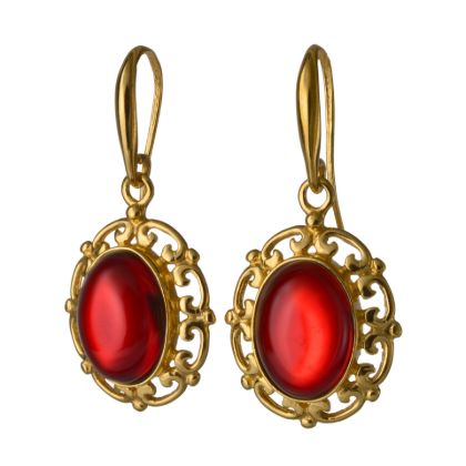 Gold Plated 925 Sterling Silver Baltic Red Oval Amber Fish Hook Earrings