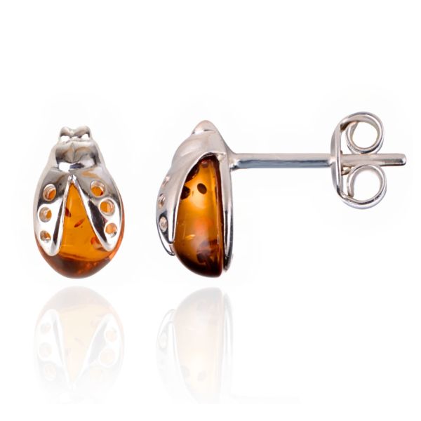 BALTICANA JEWELRY  Sterling Silver and Baltic Honey Amber Ladybugs Post Back Earrings