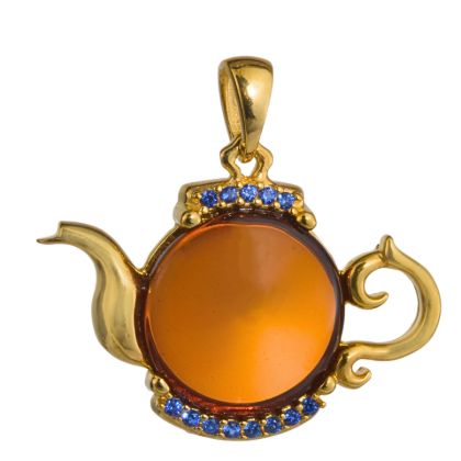 Gold Plated 925 Sterling Silver  and Baltic Cherry Amber Tea Pot Pendant