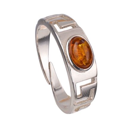 Baltic Honey Amber and Sterling Silver Greek Key Meander Ring on a white background