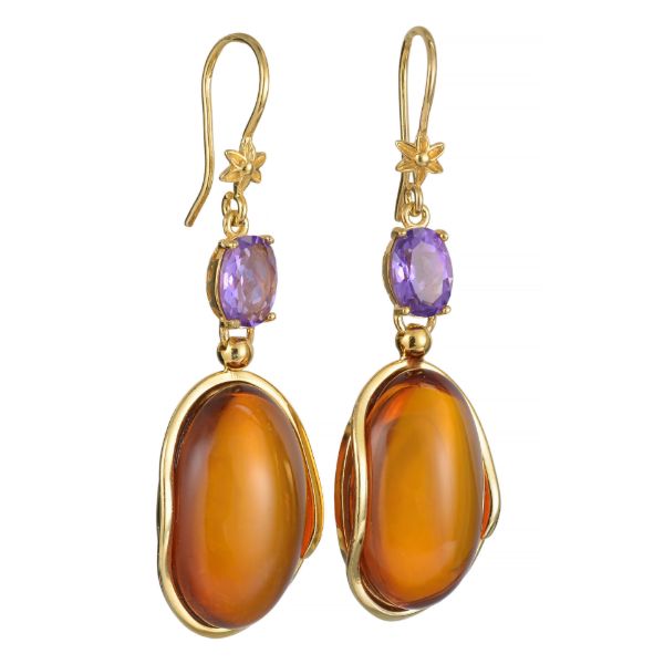 BALTICANA JEWELRY Gold Plated 925 Sterling Silver Cognac Baltic Amber and Amethyst Dangle Earrings