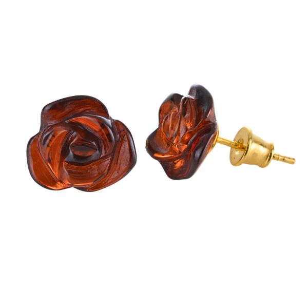 18K Gold Plated Sterling Silver and Baltic Cherry Amber Bullet Clutch Rose Earrings