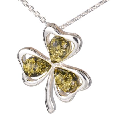 Sterling Silver and Baltic Green Amber Shamrock Pendant