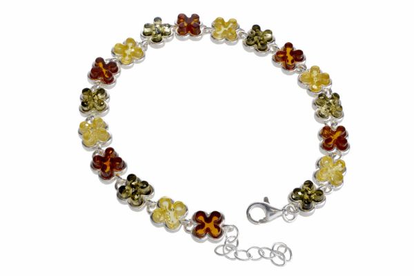 Sterling Silver Multicolored Baltic Amber Bracelet  Clover , Amber Jewelry Collection