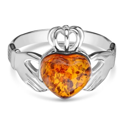 Baltic Honey Amber Claddagh Ring in Sterling Silver