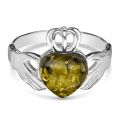 Sterling Silver and Baltic Green Amber Irish Claddagh Ring
