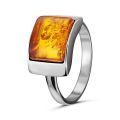 Sterling silver ring with a rectangular genuine Baltic honey amber cabochon, showcasing natural amber inclusions in a polished modern setting.