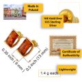 Infographic showing genuine Baltic honey amber stud earrings in 18K gold plated 925 sterling silver with size dimensions 0.35 x 0.5 inch, lightweight 1.4g each, Made in Poland, 925 stamp close-up, and certificate of authenticity included