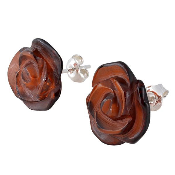 Cherry Baltic amber rose stud earrings in 925 sterling silver, featuring hand-carved floral design and rich cognac-red natural amber.