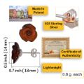 Infographic for cherry Baltic amber rose stud earrings in 925 sterling silver, showing close-up backing detail, size dimensions of 0.7 inch (18 mm) by 0.5 inch (14 mm), lightweight 0.8 g each, made in Poland, and certificate of authenticity.