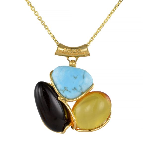 Gold plated 925 sterling silver Baltic amber pendant featuring lemon yellow, black, and turquoise stones, shown on a matching gold chain against a white background.