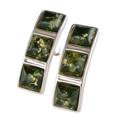 Green Baltic amber square stud earrings in 925 sterling silver with natural inclusions