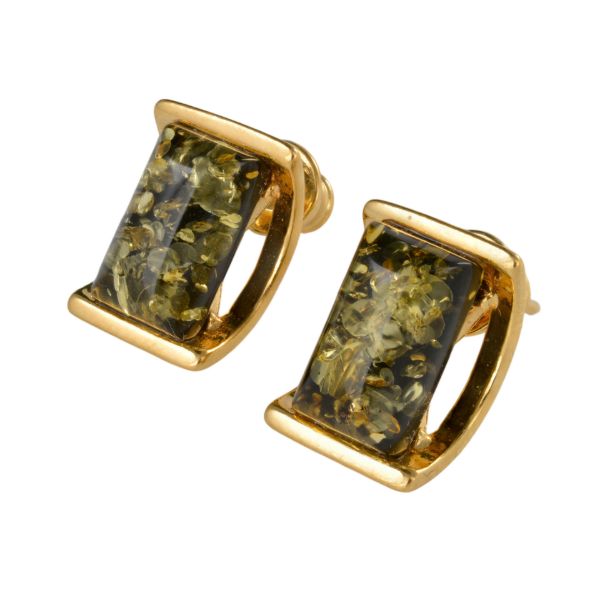 Pair of 18K gold plated 925 sterling silver stud earrings with rectangular Baltic green amber stones, showing natural inclusions and bullet clutch backs on a white background