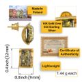 Infographic showing Baltic green amber stud earrings made in Poland, crafted in 18K gold plated 925 sterling silver, with bullet clutch backing, certificate of authenticity, lightweight 1.44 g each, and dimensions 0.4 inch by 0.3 inch