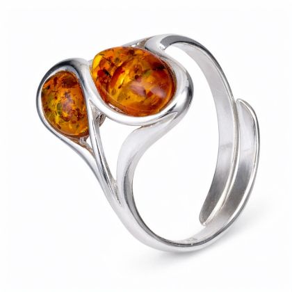 Adjustable 925 sterling silver ring with two genuine Baltic honey amber cabochons in an infinity-style open band on a white background.