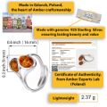 Infographic showing a sterling silver Baltic amber ring with two oval honey amber stones, made in Gdańsk, Poland, featuring a visible 925 silver stamp, certificate of authenticity from Amber Experts Lab, stone size 16 mm, ring height 9 mm, and lightweight 2.37 g design.