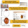 Infographic showing genuine Baltic honey amber ring in 925 sterling silver, made in Gdansk Poland, with size measurements, weight, and certificate of authenticity