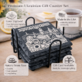 Ukrainian Gift Slate Coasters Set of 4 with Holder – Engraved Ukrainian Cities Kyiv Lviv Odesa Kharkiv, Natural Stone Coaster Set, Made in USA