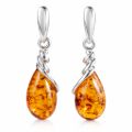 Genuine Baltic honey amber Eleanor teardrop drop earrings in 925 sterling silver with flowing wrap design and post back closures, GIA certified amber jewelry for women