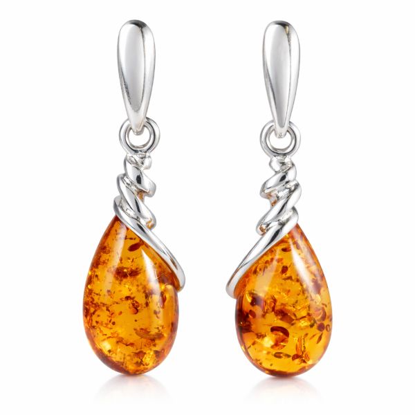Genuine Baltic honey amber Eleanor teardrop drop earrings in 925 sterling silver with flowing wrap design and post back closures, GIA certified amber jewelry for women