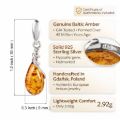 Genuine Baltic honey amber teardrop drop earrings in 925 sterling silver, handcrafted in Poland, lab certified amber, 30mm drop length with 9mm stone width, lightweight 2.92g, natural amber jewelry for women