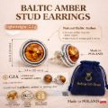 Baltic amber stud earrings infographic showing 0.4 in (10 mm) size, lightweight 2.4 g, oxidized 925 sterling silver setting, GIA certified authentic amber, made in Poland, with blue Holiday Gift Shops pouch
