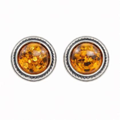 Pair of genuine Baltic honey amber stud earrings in oxidized 925 sterling silver, round cabochon amber stones with natural inclusions on white background