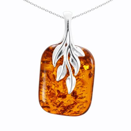 "GIA certified Baltic honey amber Fern pendant in 925 sterling silver with leaf bail and rectangular amber stone on white background"