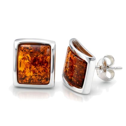 Lottie genuine Baltic honey amber rectangular stud earrings in 925 sterling silver with post backs on white background