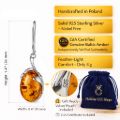 Genuine Baltic amber drop earring with measurements, handcrafted in Poland from 925 sterling silver, lab-certified amber stone, lightweight 3 g design