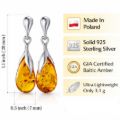 Genuine Baltic honey amber teardrop jewelry in 925 sterling silver, made in Poland, showing size measurements, lightweight 3.1 g design, and GIA lab-certified authenticity