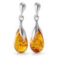 GIA certified Baltic honey amber teardrop earrings in 925 sterling silver with post back closures, natural amber inclusions, lightweight elegant women’s jewelry gift