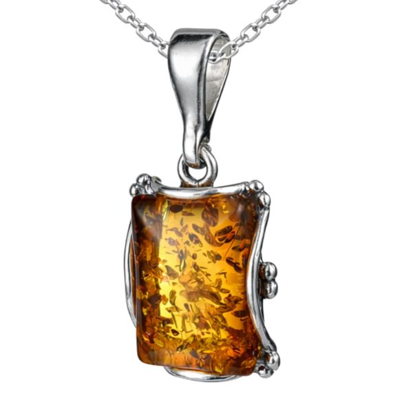 Sterling silver Baltic honey amber rectangle pendant necklace with natural inclusions, genuine amber gemstone jewelry close-up