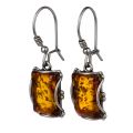 Sterling silver kidney hook rectangle earrings with genuine Baltic honey amber stones, handcrafted 925 silver drop earrings showing natural amber inclusions