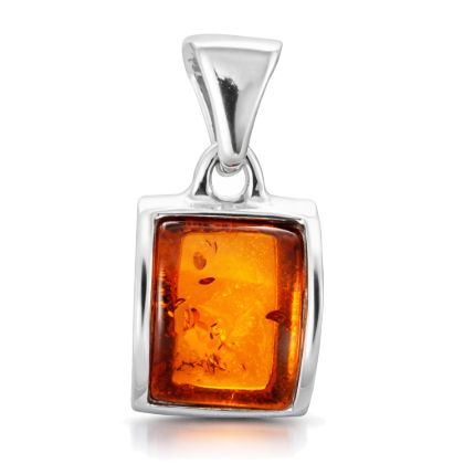 "Sterling silver Baltic honey amber rectangle pendant necklace Lottie with genuine natural amber gemstone and wide bail on white background"