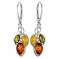 GIA certified sterling silver Baltic multicolor amber drop earrings “April” featuring green, honey and cognac amber stones in elegant dangle design