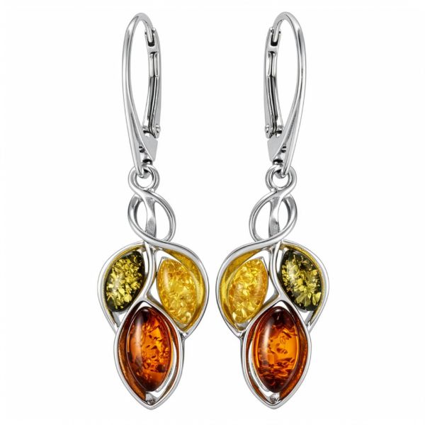 GIA certified sterling silver Baltic multicolor amber drop earrings “April” featuring green, honey and cognac amber stones in elegant dangle design