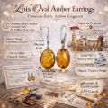 Oval Baltic honey amber leverback earring infographic showing 1.4" length and 0.50" width, handcrafted in Poland from lab-certified amber and solid 925 sterling silver, lightweight 5.92 g
