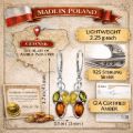 Baltic amber drop earrings in 925 sterling silver with size dimensions, made in Poland, lab certified amber stones, lightweight 5.5 g jewelry infographic