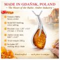 Genuine Baltic honey amber pendant necklace in solid 925 sterling silver, handcrafted in Gdańsk Poland, teardrop amber jewelry with 18 inch silver chain, product infographic showing size weight and specifications