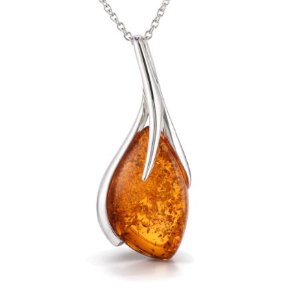 Genuine Baltic honey amber pendant necklace in 925 sterling silver Madison leaf wrap design with natural amber cabochon on white background