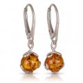 Genuine Baltic honey amber round drop earrings in 925 sterling silver with French leverback closures, natural inclusions, lightweight dangle jewelry for women