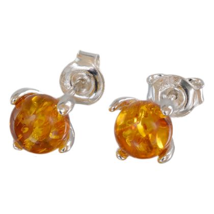 Sadie genuine Baltic honey amber stud earrings in 925 sterling silver with petal-style prong setting and post back closure, handmade Polish amber jewelry for women on white background