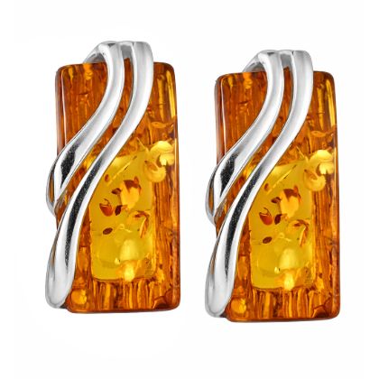 Ewa Baltic honey amber stud earrings in 925 sterling silver, genuine rectangle amber post back earrings handmade in Poland for women
