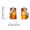 Ewa Baltic honey amber stud earrings in 925 sterling silver with size guide showing 0.5 inch height and 0.3 inch width, genuine rectangle amber post back earrings handmade in Poland