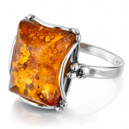 "Makell" Baltic Honey Amber Rectangle Ring in Sterling Silver