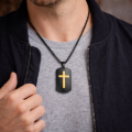 Black Stainless Steel Cross Dog Tag Necklace for Men, Laser Engraved Christian Pendant, Military Style, Made in USA, 24 Inch Black Chain Included