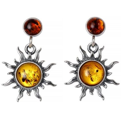 Pair of genuine Baltic honey amber “Sun” earrings in 925 sterling silver, two-tone amber stud dangle design with sunburst setting and post back closures on white background.