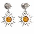 Back view of Pair of genuine Baltic honey amber “Sun” earrings in 925 sterling silver, two-tone amber stud dangle design with sunburst setting and post back closures on white background.