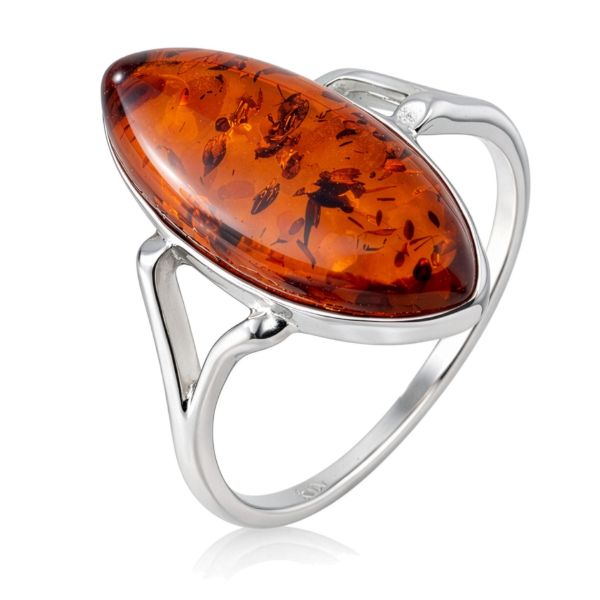Oval cognac amber ring in a polished sterling silver setting, shown on a white background, with visible natural inclusions inside the amber.
